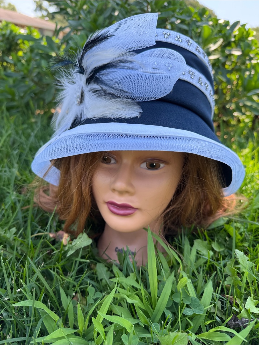 Elegant Black and Light Blue Women's Dress Hat with Feather Accent- Roma